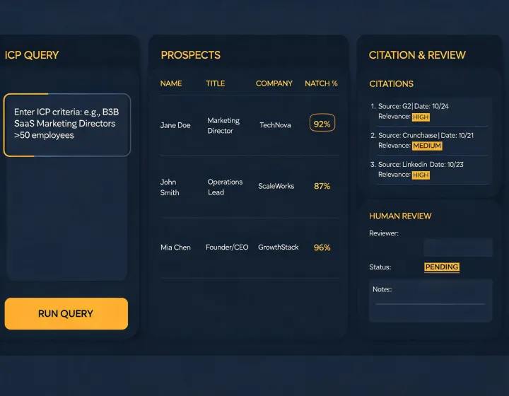 AI agent prospecting research interface with evidence columns